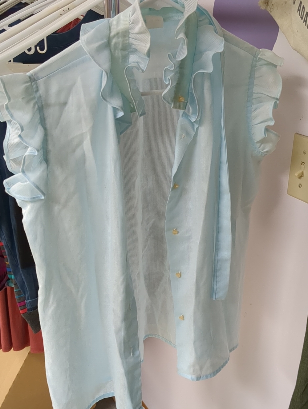 Vintage Light Blue Ruffle Collar Sleeveless Blouse